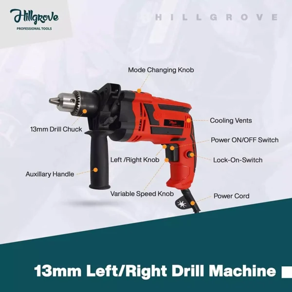 Hillgrove 1000 W 13 mm Drill Machine with 10 Pcs Masonry Drill Bit & Gloves, HGCM229M1 - Image 2