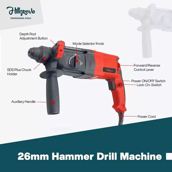 Hillgrove 1200W 26mm Red Hammer Drill Machine with 5 Bits, HG0084 - Image 2
