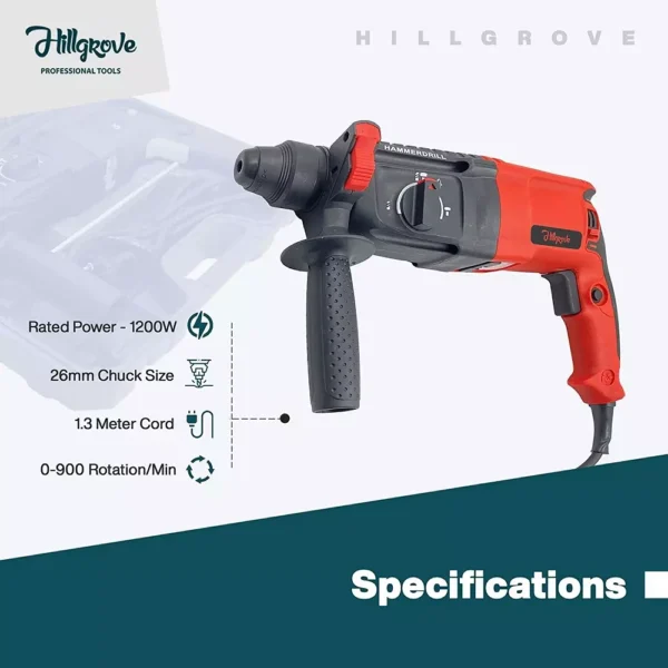 Hillgrove 1200W 26mm Red Hammer Drill Machine with 5 Bits, HG0084 - Image 3