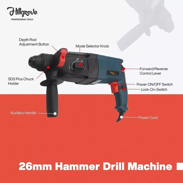 Hillgrove 1200W 26mm Rotary Hammer Drill Machine with 5 Bits & Carry Case, HG0082 - Image 2