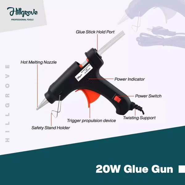 Hillgrove 20 W Electric Hot Melt Glue Gun with 80 Pcs Glue Stick for Craft HGCM277M1 - Image 2