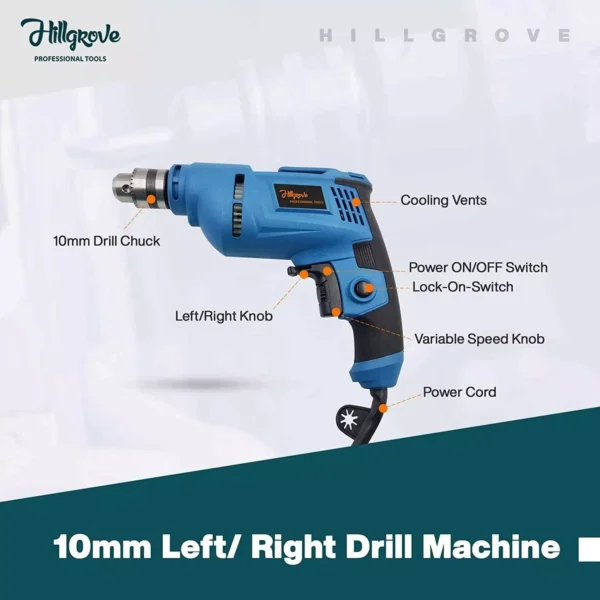 Hillgrove 500 W 10 mm Drill Machine with 5 Pcs Masonry Drill Bit & Claw Hammer, HGCM223M1 - Image 2