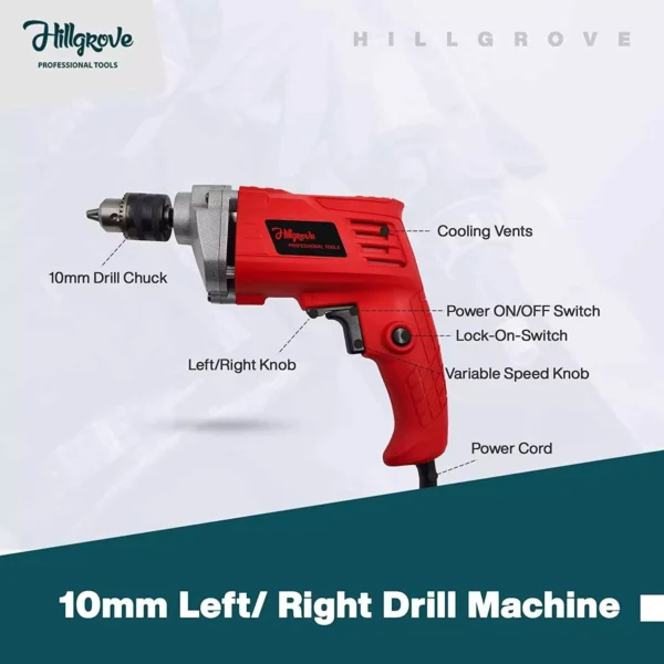 Hillgrove 550 W 10 mm Drill Machine with 5 Pcs Masonry Drill Bit & Cla W Hammer, HGCM224M1 - Image 2