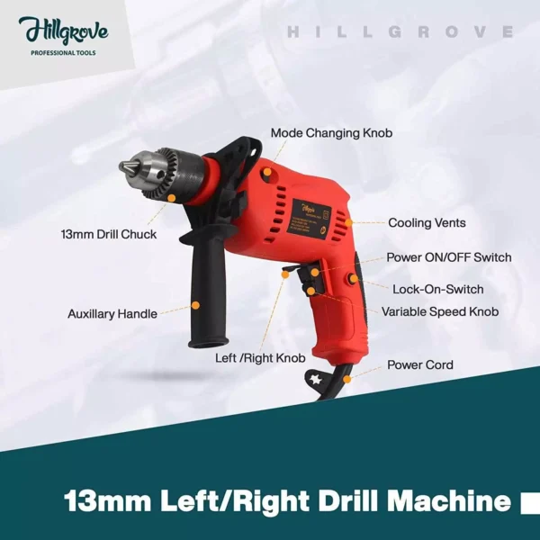 Hillgrove 700 W 13 mm Drill Machine with Gloves, 6 Pcs Masonry & Metal Drill Bit, HGCM218M1 - Image 2