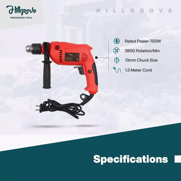 Hillgrove 700 W 13 mm Drill Machine with Gloves, 6 Pcs Masonry & Metal Drill Bit, HGCM218M1 - Image 3