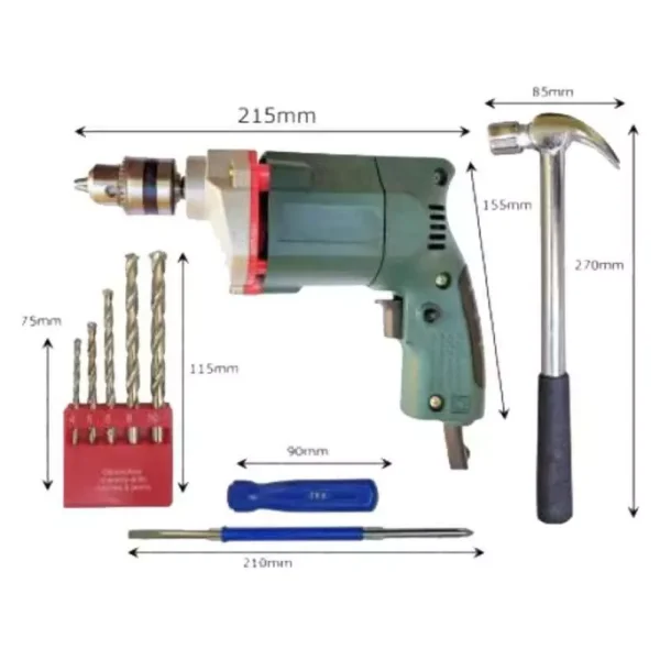 IB BASICS 10 mm 350 W Drill Machine with Claw Hammer, 1Pc 2 in 1 Screwdriver & 5Pc Masonry Drill Bit - Image 2