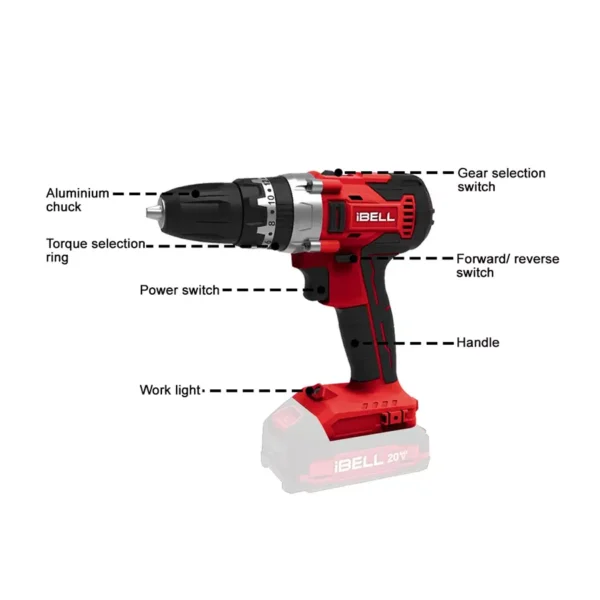 Ibell 10 mm 20 V 450-1450 RPM Cordless Impact Drill CD20-30 - Image 2