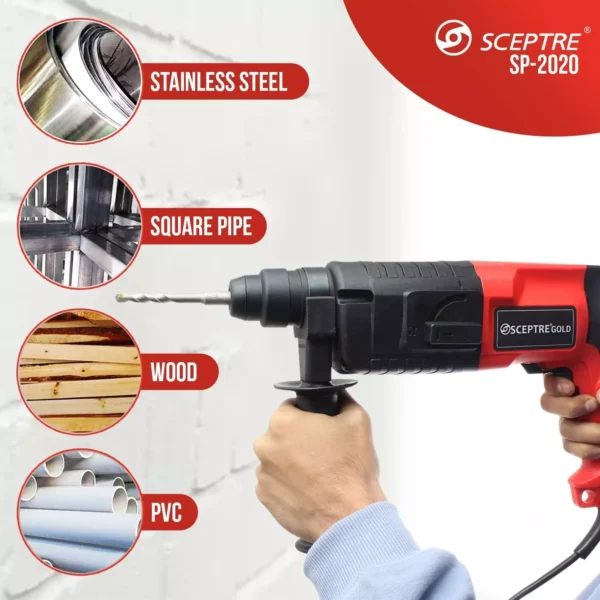 SCEPTRE Gold SP 2020 Drill Rotary Hammer Forward & Reverse Switch with Rotatable & Detachable Side Handle Highly Durable Powerful Motor (220 V) - Image 2