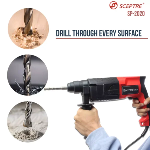 SCEPTRE Gold SP 2020 Drill Rotary Hammer Forward & Reverse Switch with Rotatable & Detachable Side Handle Highly Durable Powerful Motor (220 V) - Image 3