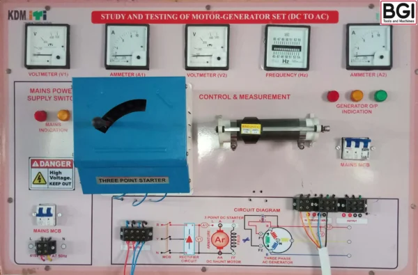 Motor Generator(DC to AC) set consisting of - Shunt Motor with starting compensator and switch directly coupled to AC generator with exciter and switch board mounted with regulator, breaker, ammeter, voltmeter frequency meter, knife blade switch and fuses etc. Set complete with cast iron bed plate,fixing bolts, foundation bolts and flexible coupling.