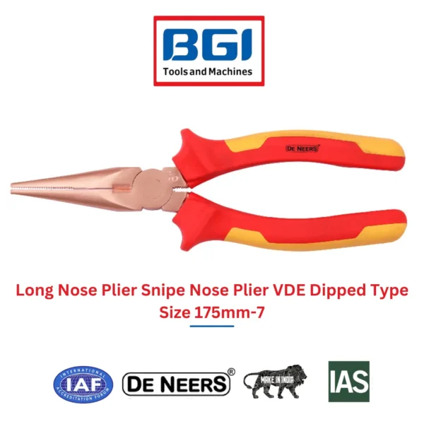 Long Nose Plier Snipe Nose Plier VDE Dipped Type Size 175mm-7 De Neers (HSN 8203)