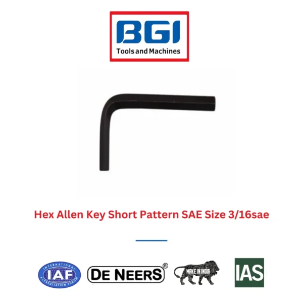 Hex Allen Key Short Pattern SAE Size 3/16sae De Neers (HSN 8204)